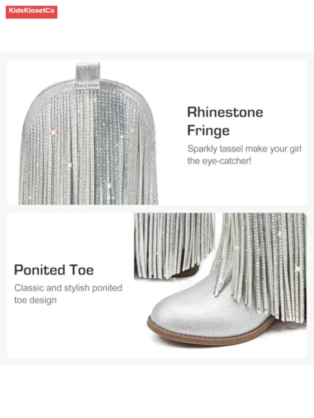 Rhinestone Fringe Cowgirl Boots for Girls Mid Calf Pointed Toe Cowboy Boots